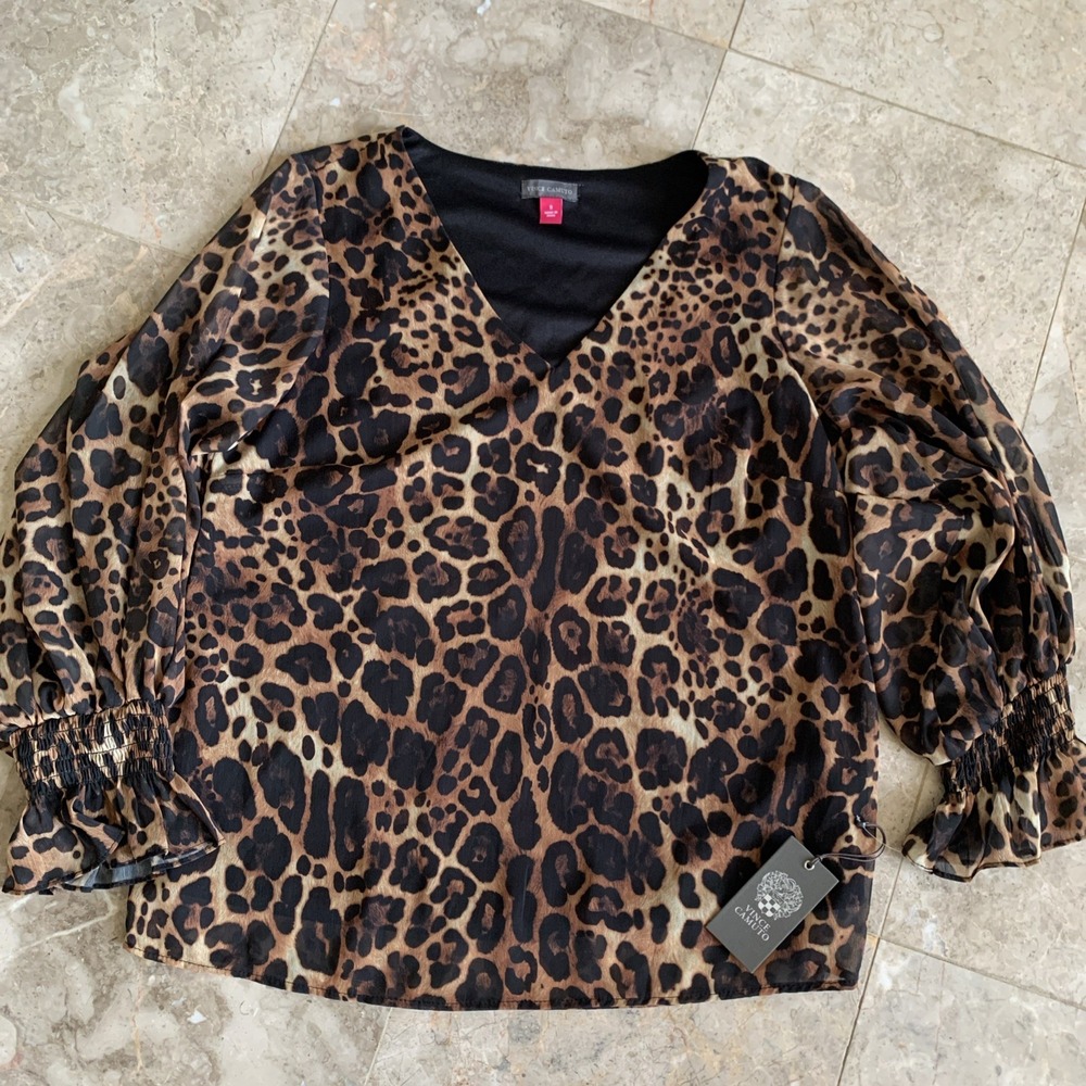 Vince Camuto Leopard Animal Print V-neck Top In Black‎ Size S Lined NWT